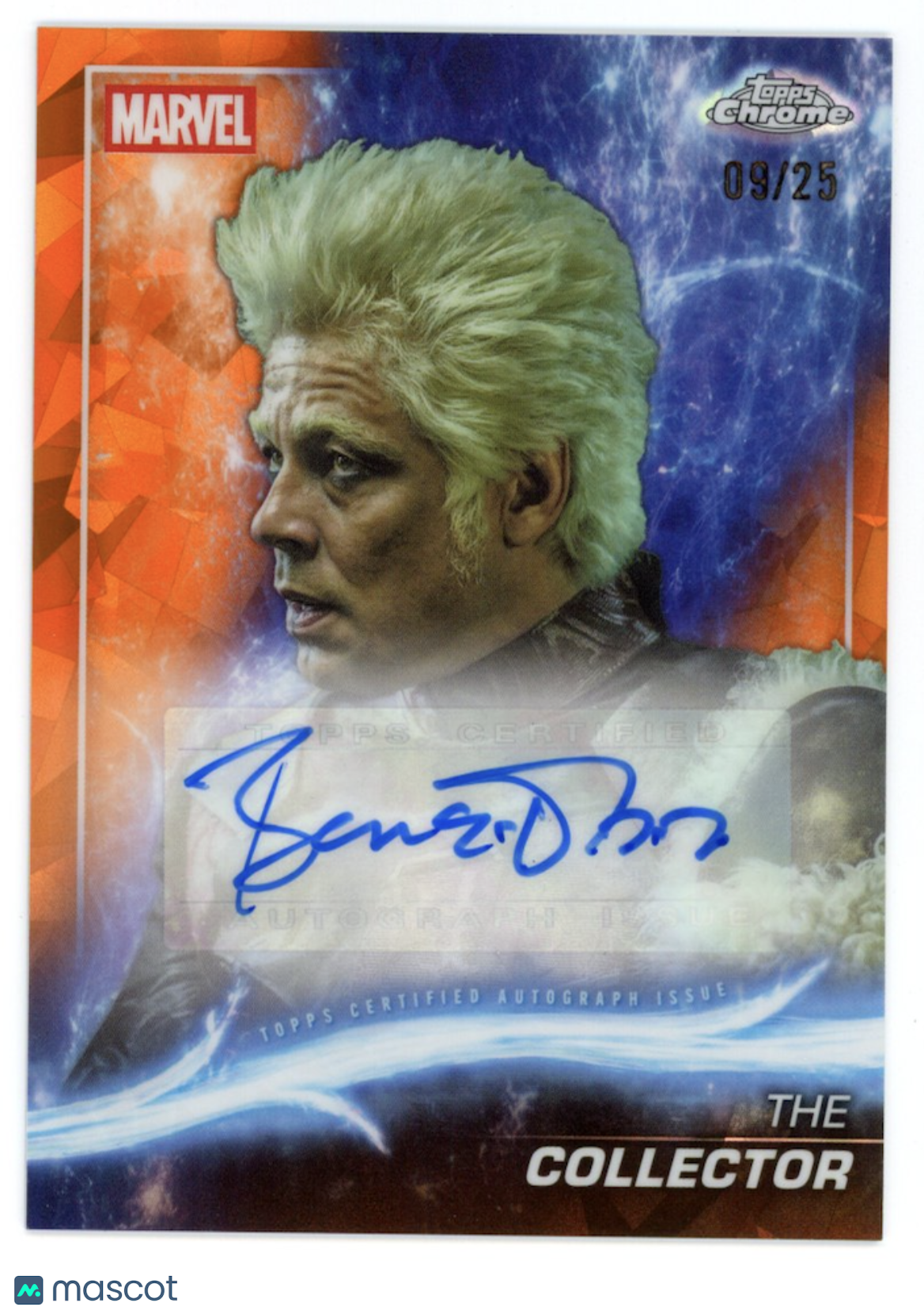 BENICIO DEL TORO 2025 Topps Chrome Marvel Sapphire Orange Refractor Auto /25