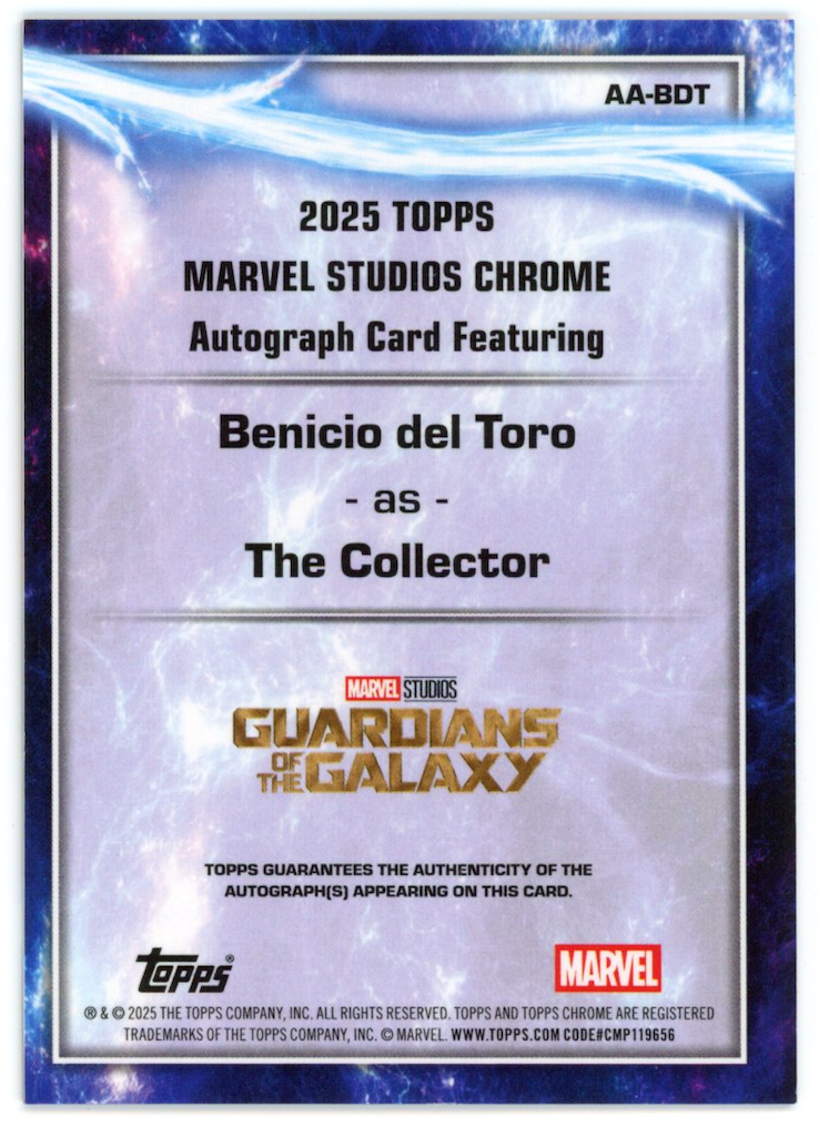 BENICIO DEL TORO 2025 Topps Chrome Marvel Sapphire Orange Refractor Auto /25