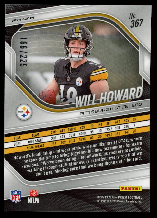 WILL HOWARD 2025 Panini Prizm Purple Ice Rookie /225 #367 Steelers