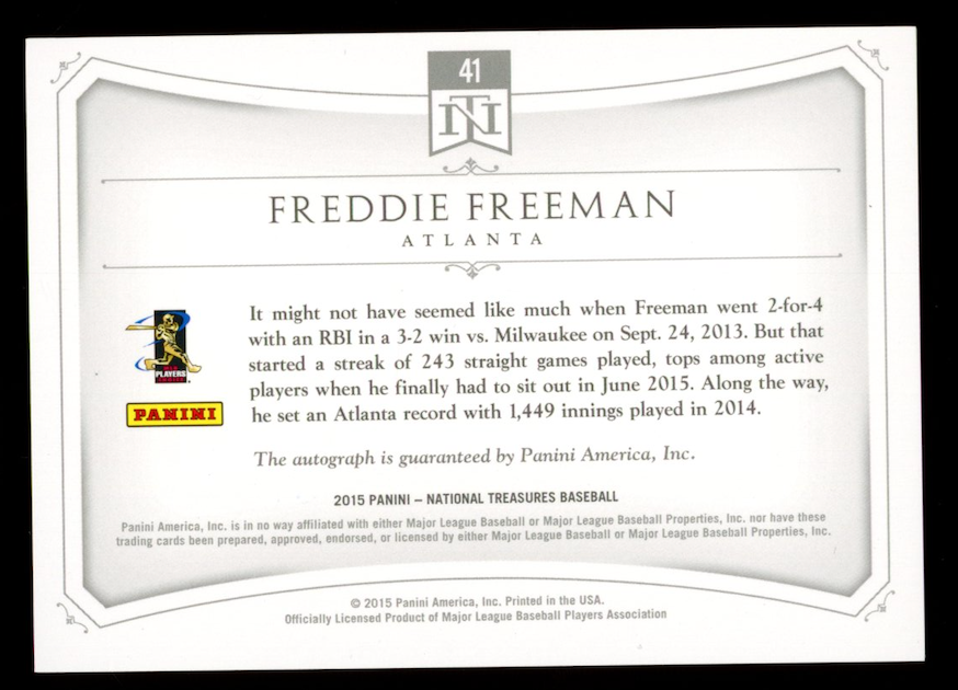 FREDDIE FREEMAN 2015 National Treasures Game Ball Signatures Auto /30 #41 Braves