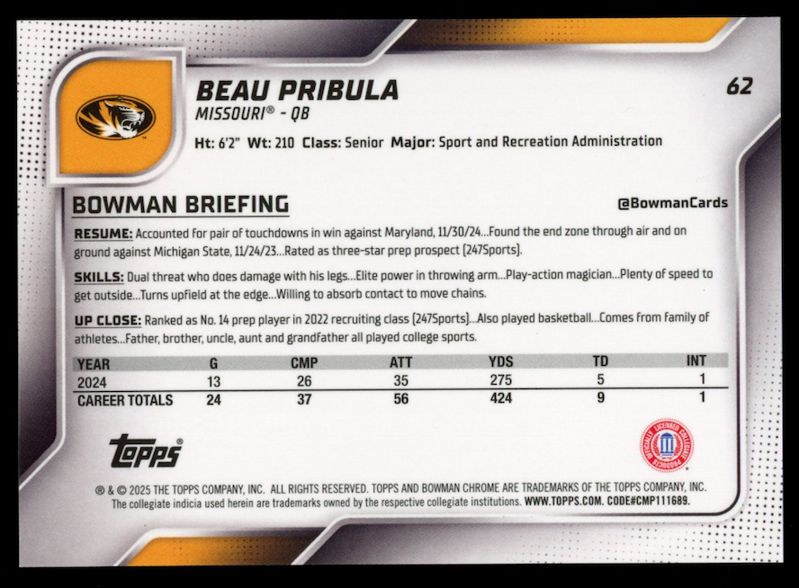 BEAU PRIBULA 2025 Bowman Chrome University Sapphire Black Refractor /10 #62