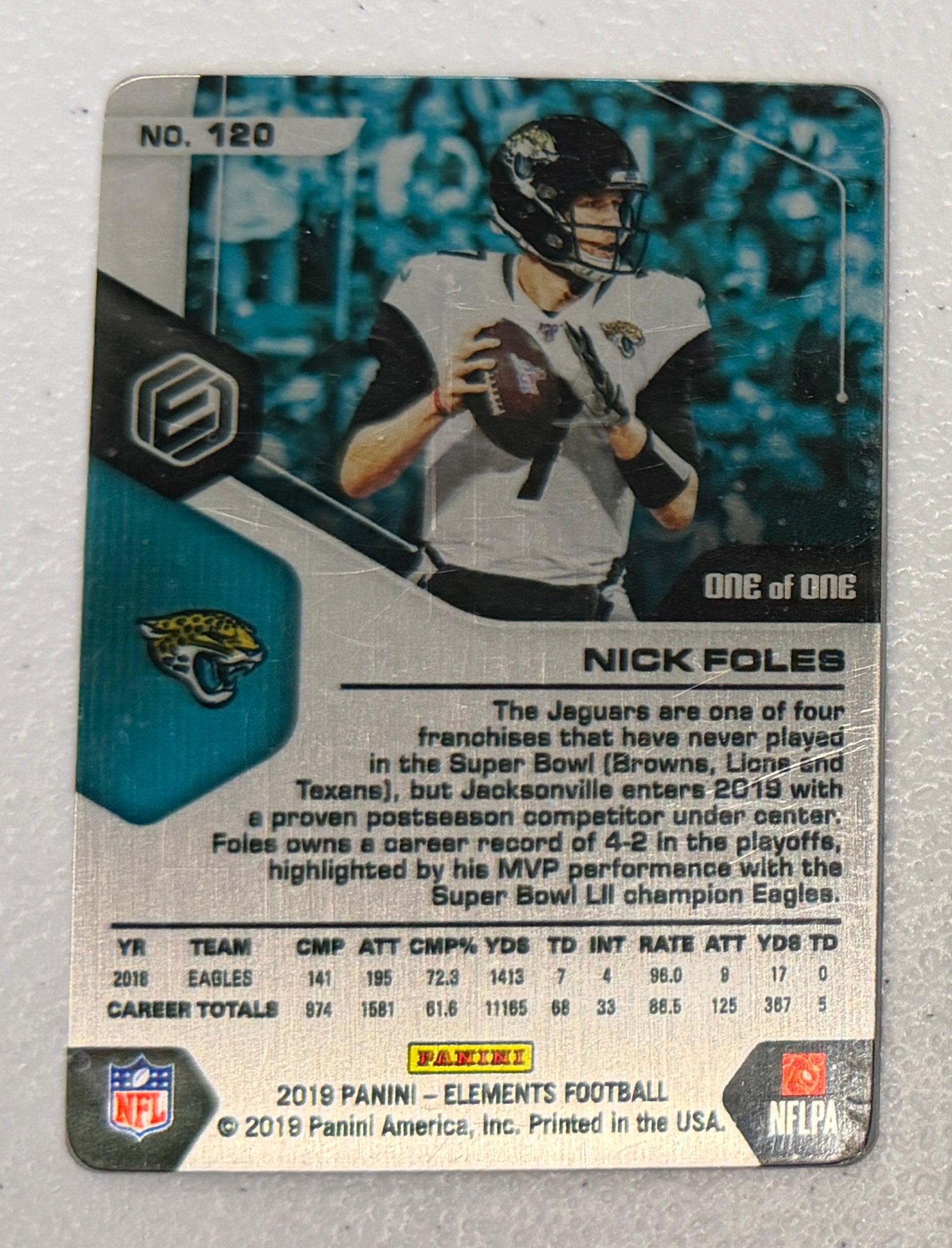 NICK FOLES 2019 Panini Elements Platinum 1/1 Metal Card #120 Jaguars
