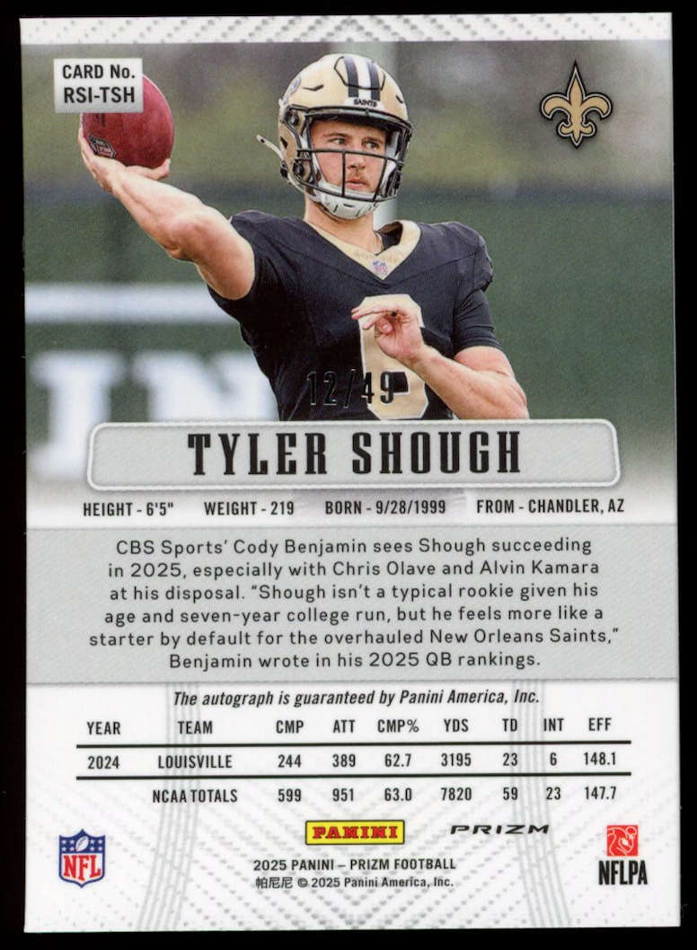 TYLER SHOUGH 2025 Panini Prizm Rookie Flashback Purple Power Auto /49 #RSI-TSH