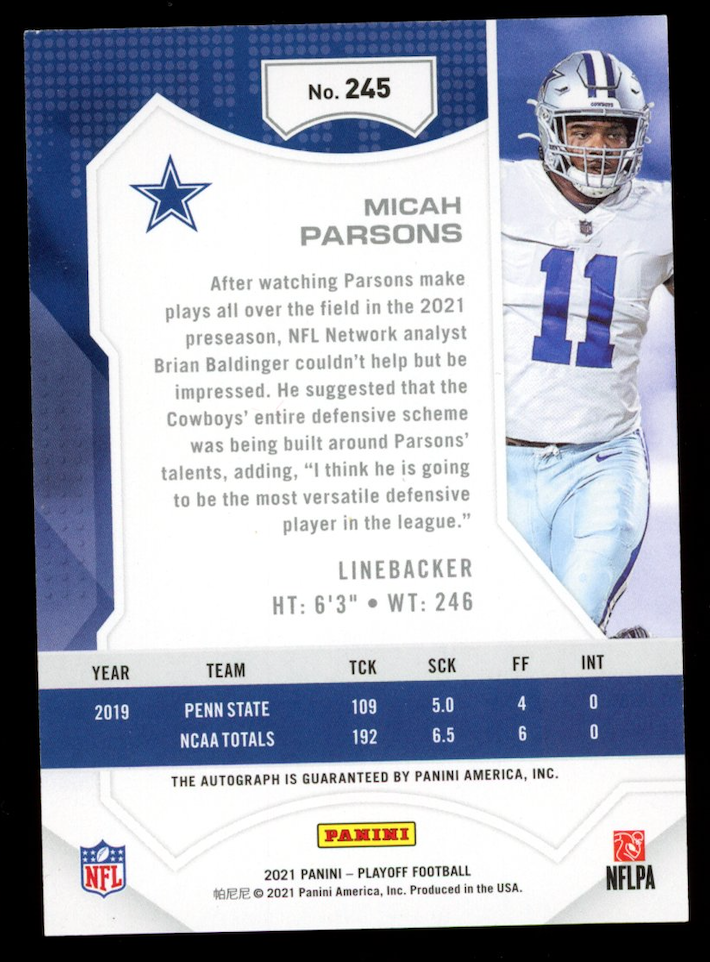 MICAH PARSONS 2021 Panini Playoff Rookie Auto Red Zone #245 Cowboys