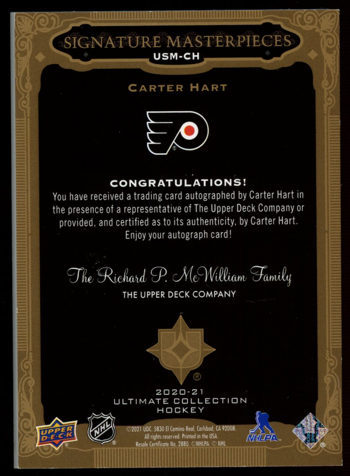 CARTER HART 2020-21 Upper Deck Ultimate Collection Signature Masterpieces Auto