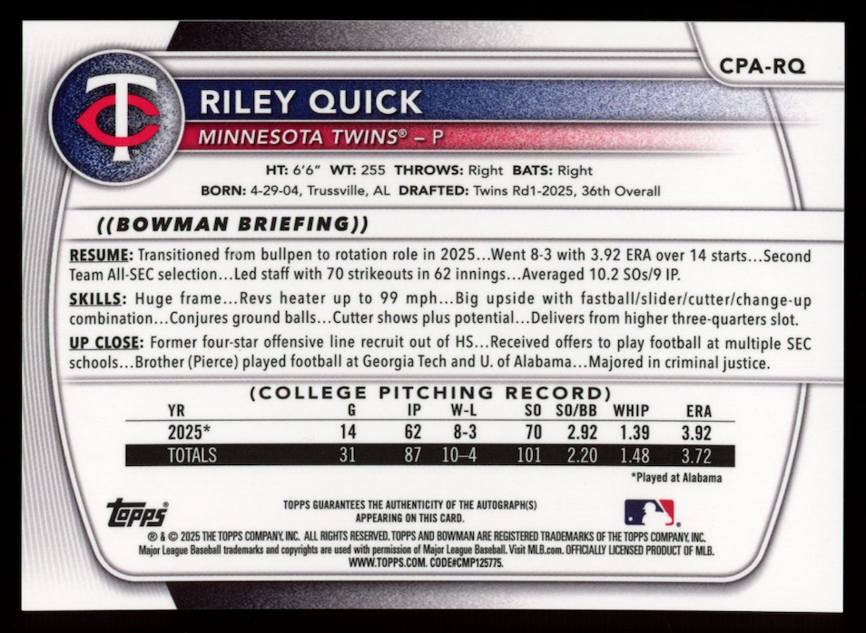 RILEY QUICK 2025 Bowman Chrome 1st Aqua Lava Refractor Auto /199 #CPA-RQ Twins