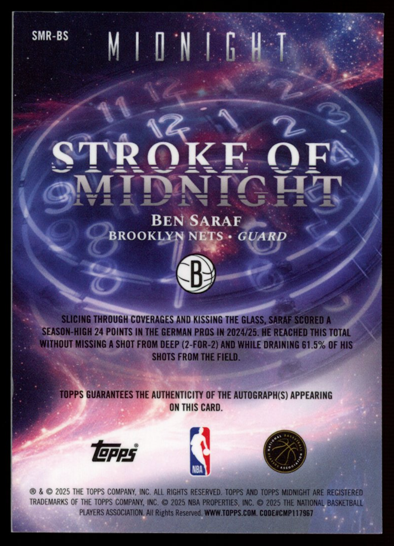 BEN SARAF 2025-26 Topps Midnight Stroke of Rookie Auto Summer Solstice /50 Nets