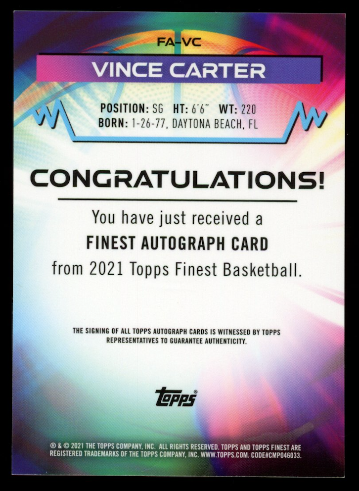 VINCE CARTER 2021 Topps Finest Auto Orange Refractor /25 #FA-VC