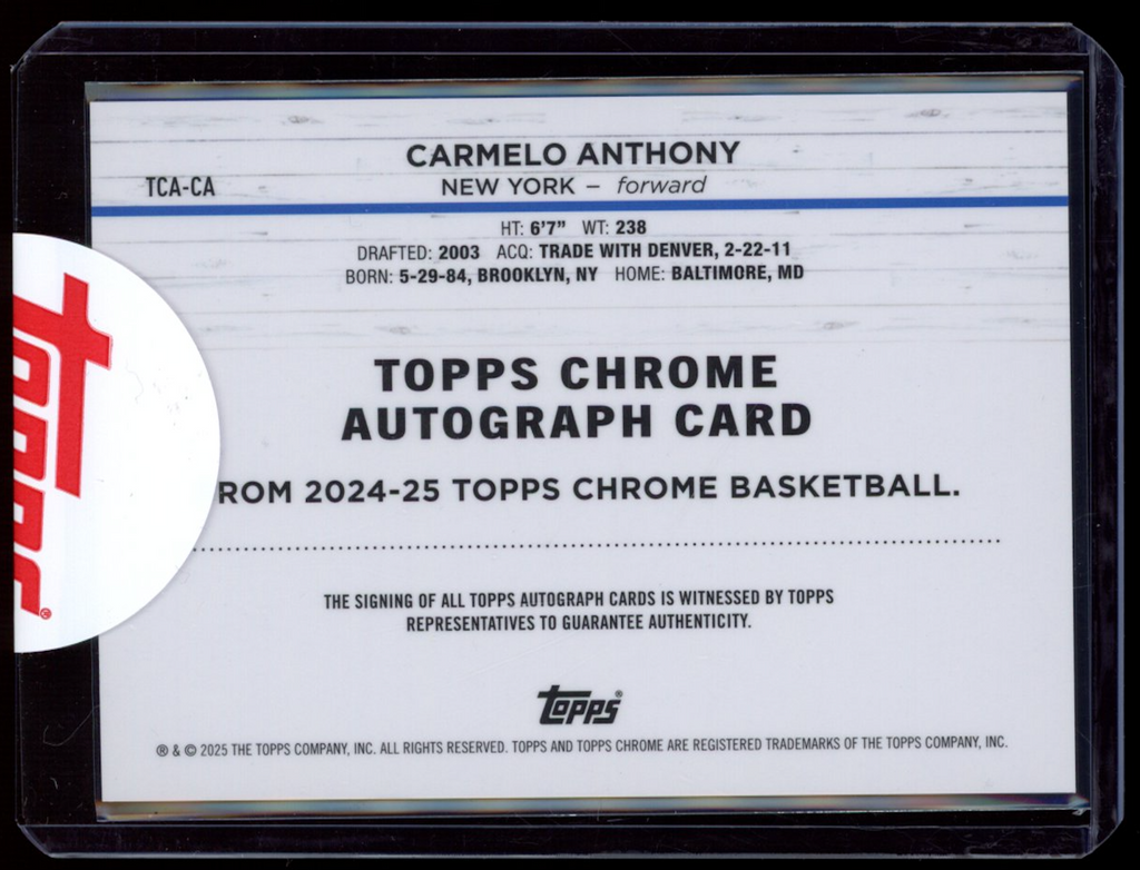 CARMELO ANTHONY 2024-25 Topps Chrome Auto Orange Refractor /25 #TCA-CA Knicks