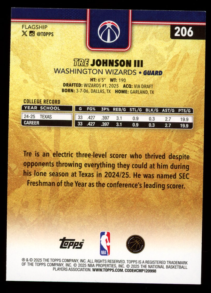 TRE JOHNSON III 2025-26 Topps Rookie Golden Mirror SSP #206 Wizards