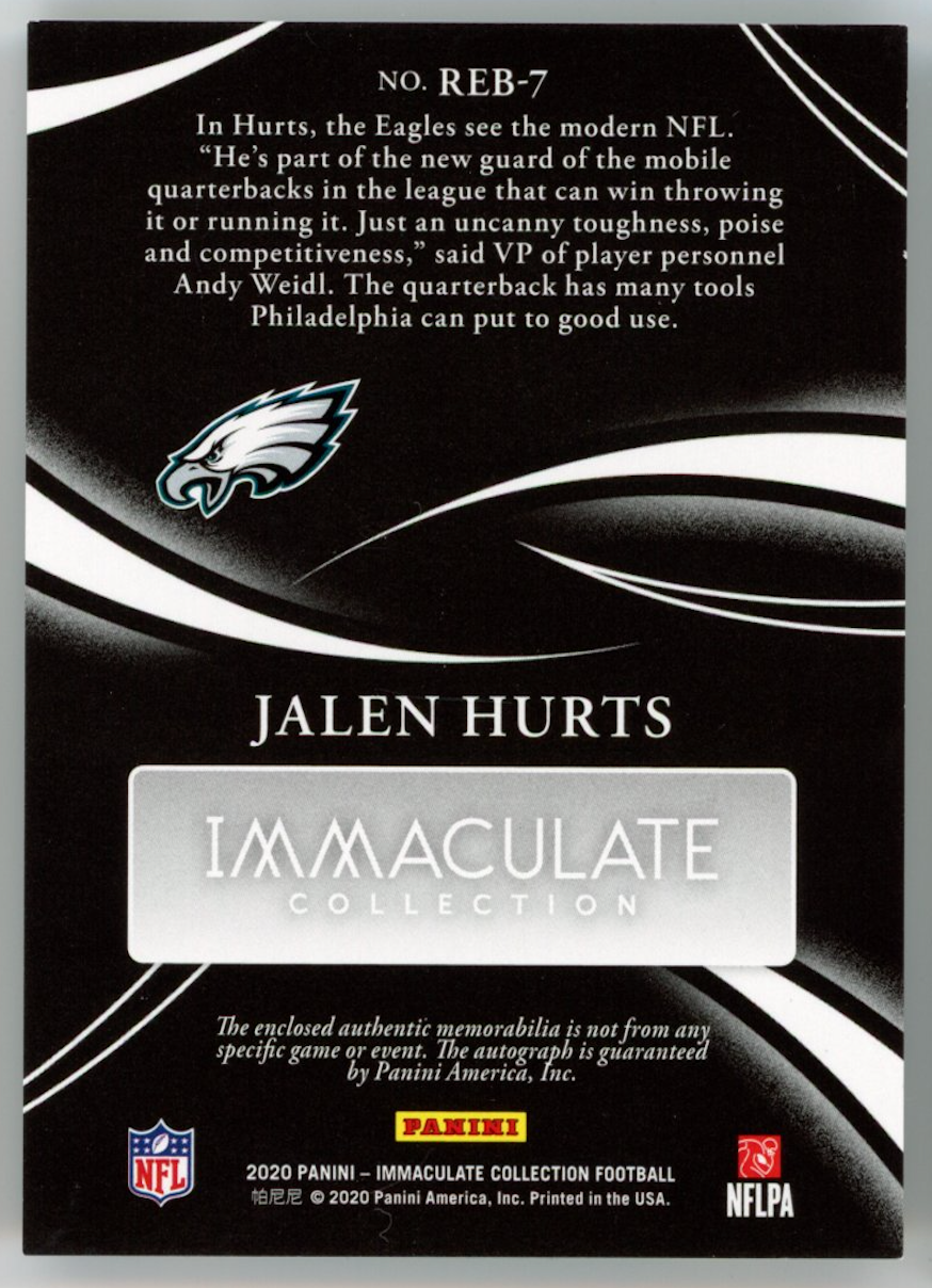 JALEN HURTS 2020 Panini Immaculate Rookie Eye Black Jersey Patch Auto Gold /25
