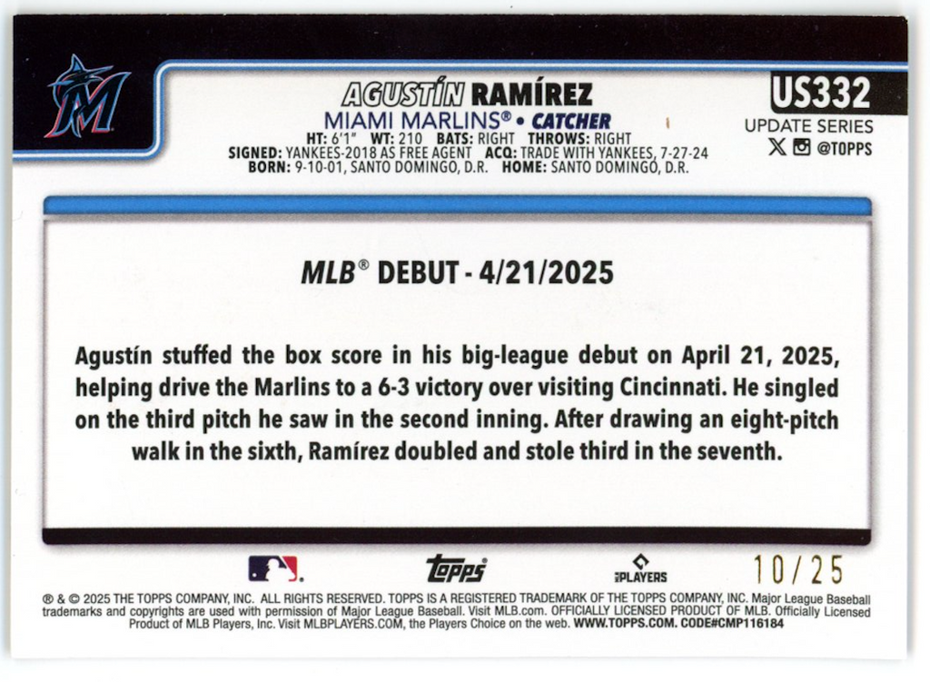 AGUSTIN RAMIREZ 2025 Topps Update Series Wood Rookie /25 #US332 Marlins