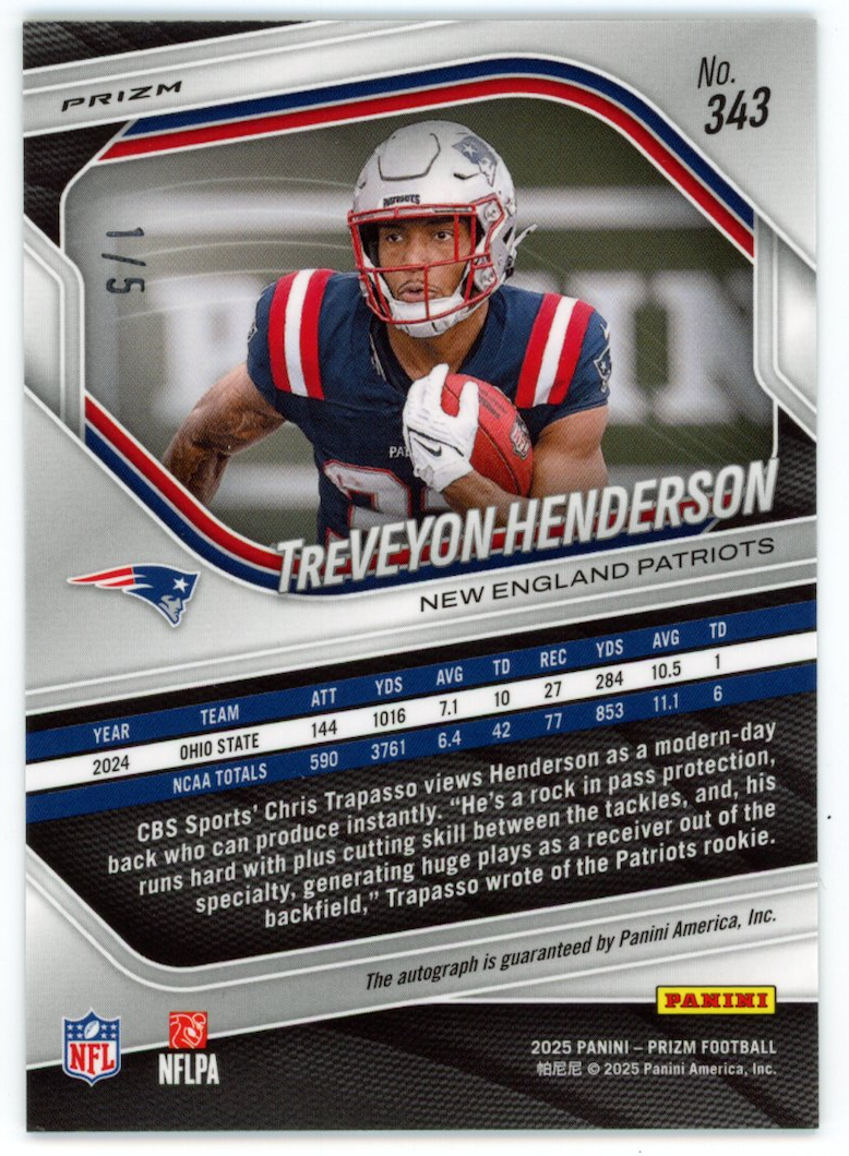 TREVEYON HENDERSON 2025 Panini Prizm FOTL Green Shimmer Rookie Auto /5 #343