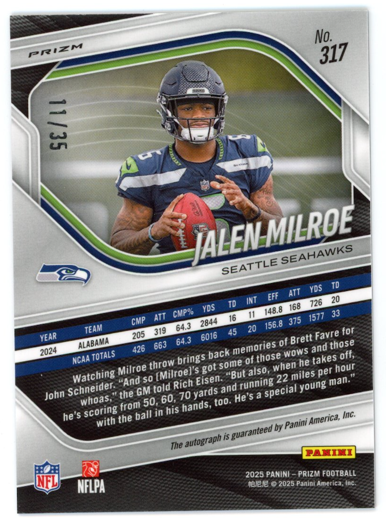 JALEN MILROE 2025 Panini Prizm Red Shimmer FOTL Rookie Auto /35 #317 Seahawks