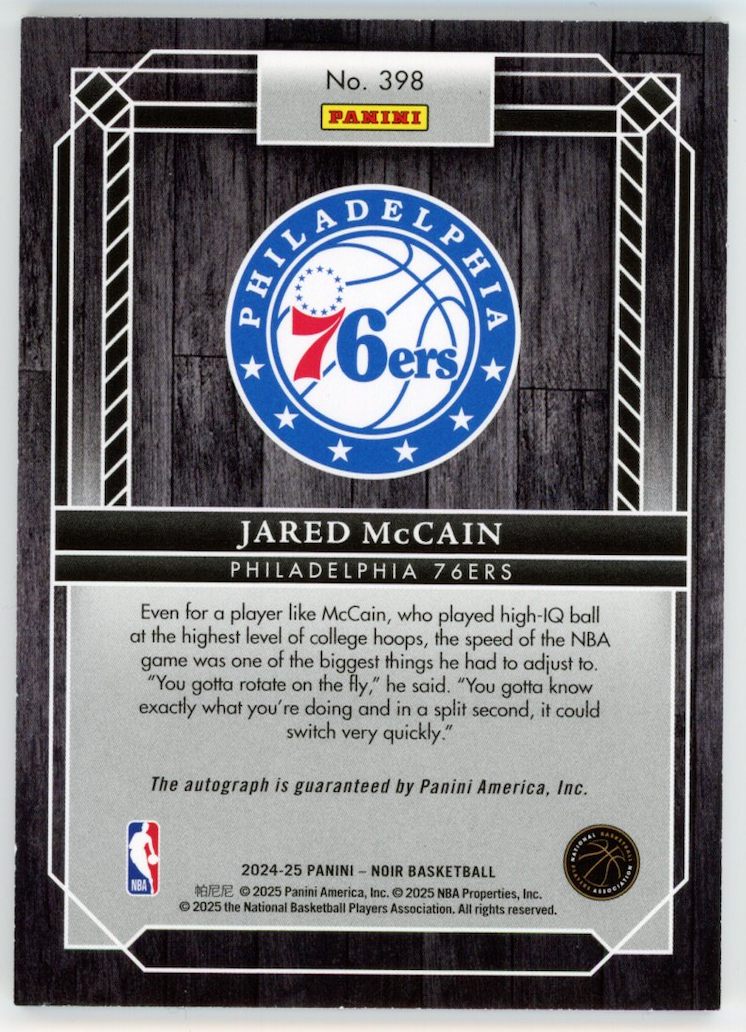 JARED MCCAIN 2024-25 Panini Noir Rookie Auto /99 #398 76ers