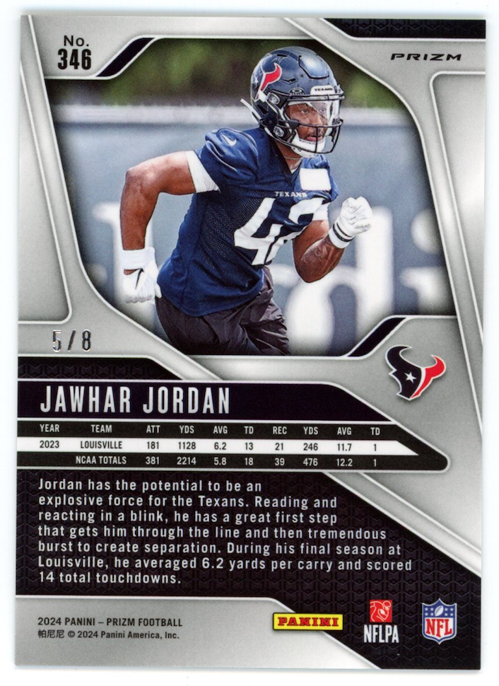 JAWHAR JORDAN 2024 Panini Prizm Rookie Green Sparkle /8 SSP #346 Texans