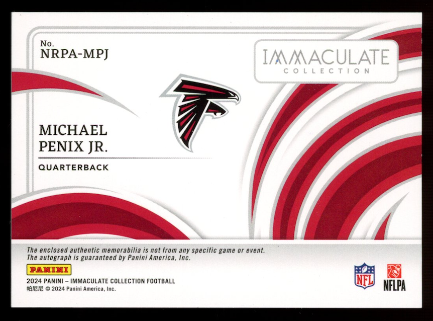MICHAEL PENIX JR. 2024 Panini Immaculate Rookie Jersey Number Patch Auto /99