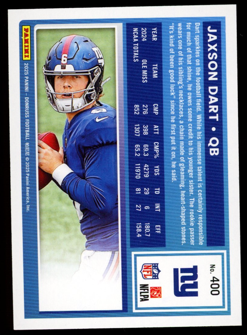 JAXSON DART 2025 Panini Donruss Rated Rookie Canvas #400 RC New York Giants