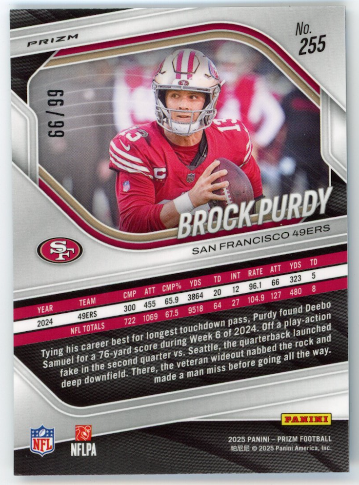 BROCK PURDY 2025 Panini Prizm Blue Ice /99 #255 San Francisco 49ers