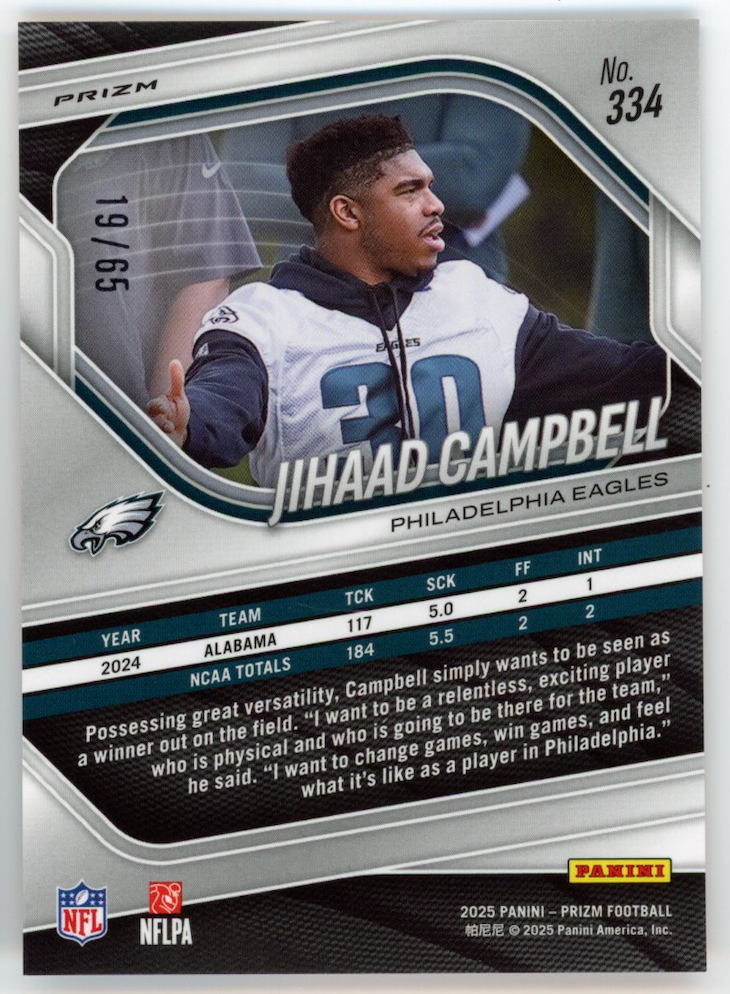 JIHAAD CAMPBELL 2025 Panini Prizm Rookie Orange Wave /65 #334 RC Eagles