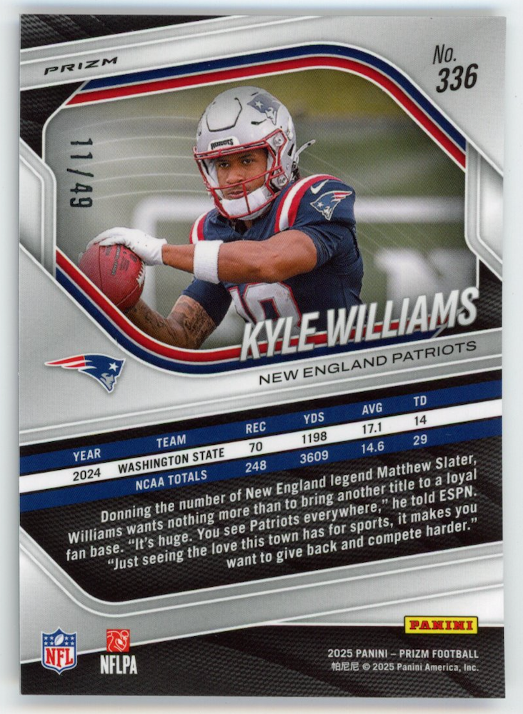 KYLE WILLIAMS 2025 Panini Prizm Rookie Purple Power /49 #336 RC Patriots