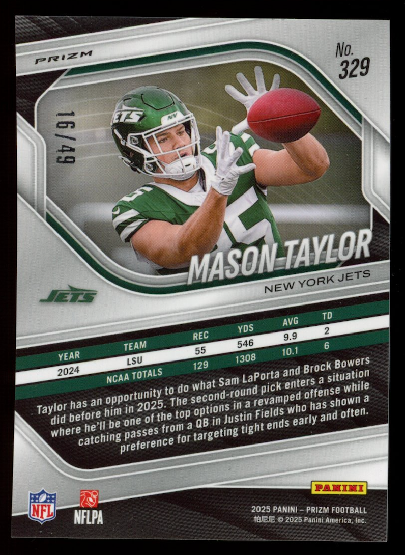 MASON TAYLOR 2025 Panini Prizm Purple Power /49 Rookie #329 New York Jets