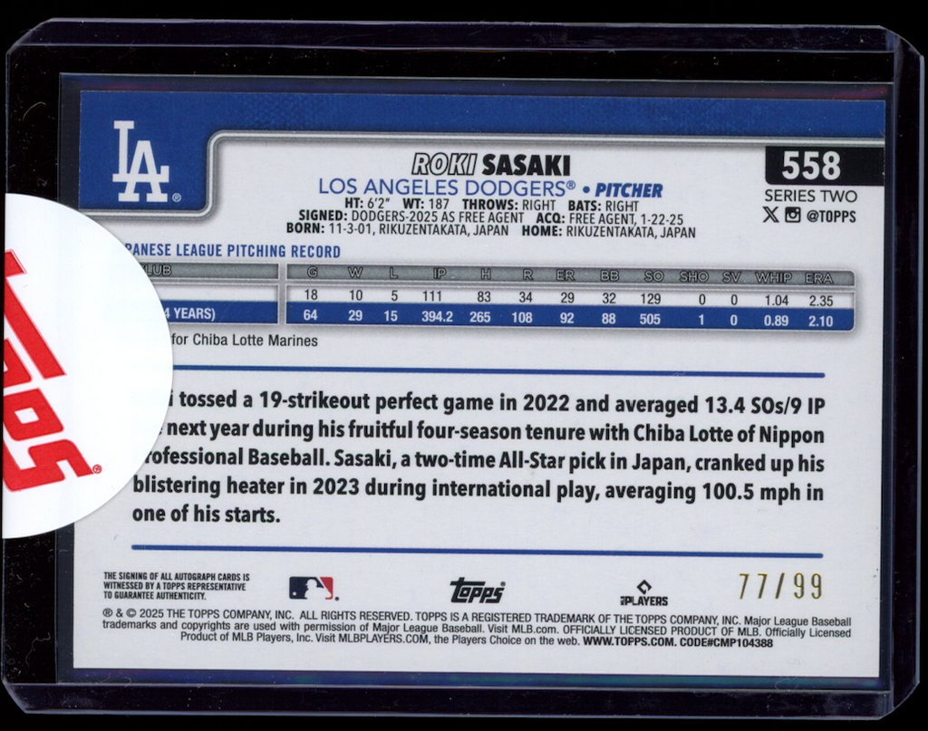 ROKI SASAKI 2025 Topps Series 2 Rookie Flagship Real One Auto Green /99 #558