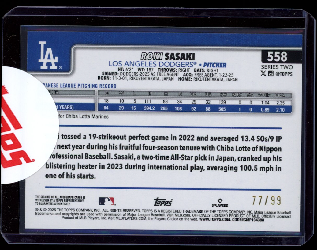 ROKI SASAKI 2025 Topps Series 2 Rookie Flagship Real One Auto Green /99 #558