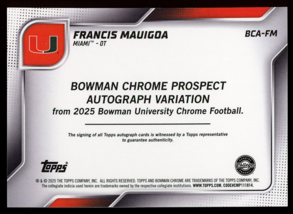 FRANCIS MAUIGOA 2025 Bowman U Chrome 1st Gold Refractor Auto /50 Hurricanes