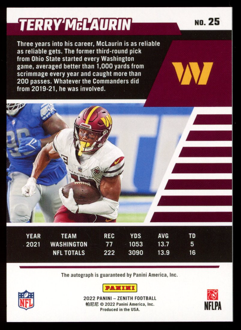 TERRY MCLAURIN 2022 Panini Zenith Artist Proof Auto /10 #25 Commanders