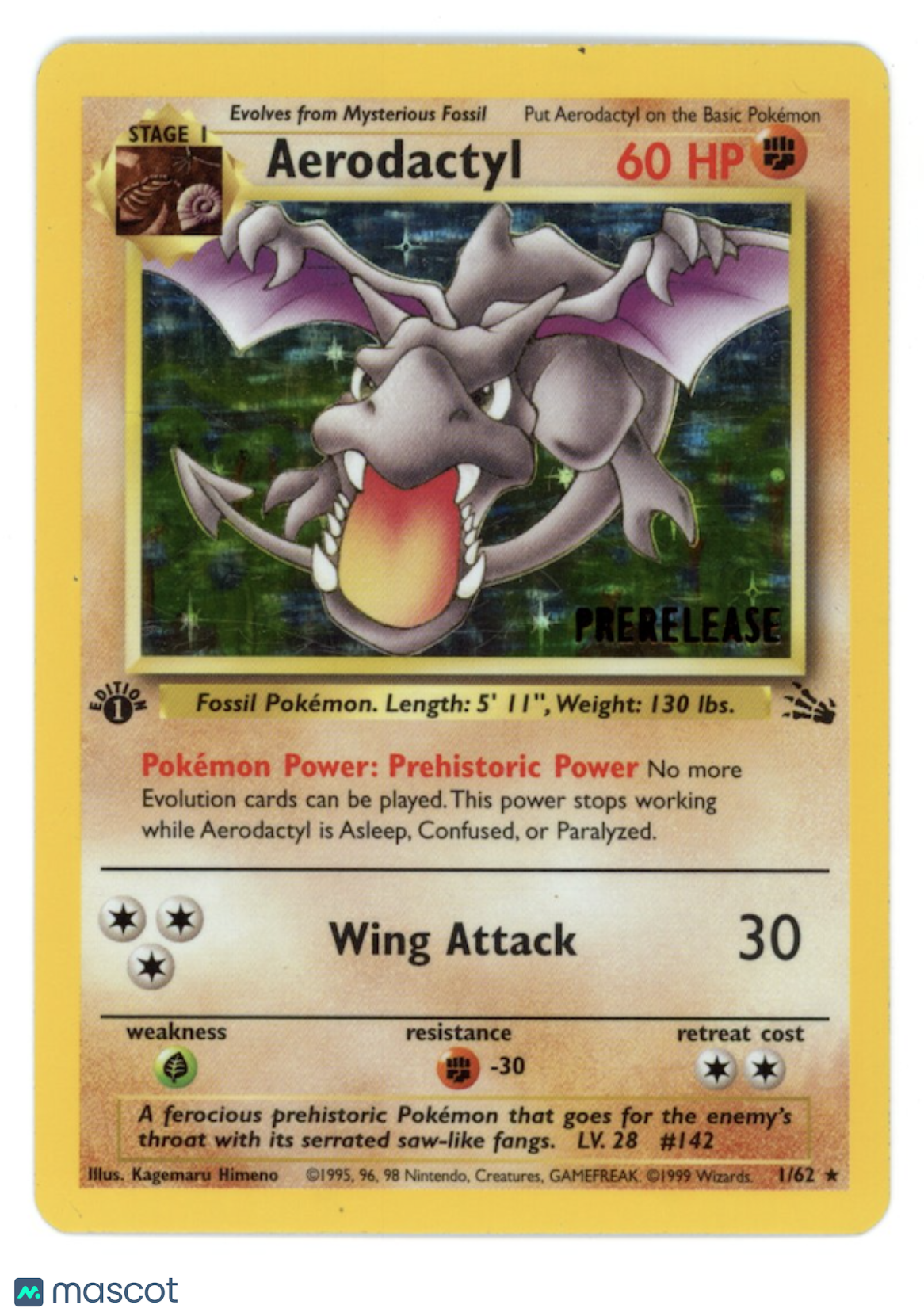 AERODACTYL 1999 Pokemon Fossil Holo Rare 1st Edition Prerelease #1/62