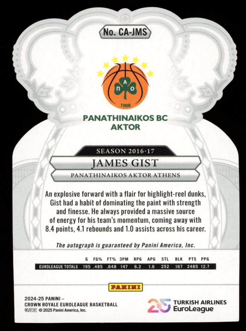 JAMES GIST 2024-25 Panini Crown Royale EuroLeague Cracked Ice Auto /25 #CA-JMS