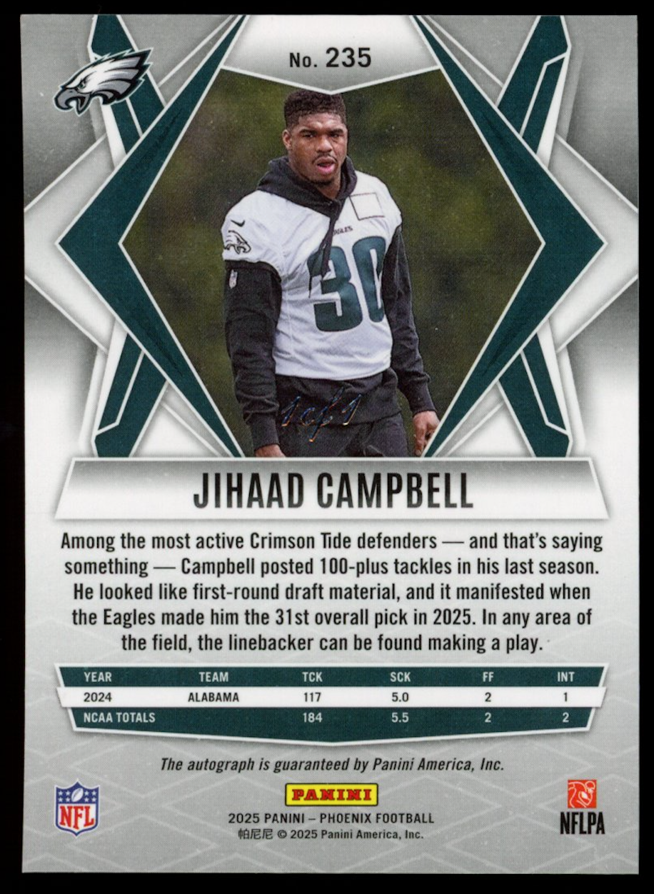 JIHAAD CAMPBELL 2025 Panini Phoenix Rookie Auto Black Pandora 1/1 #235 Eagles