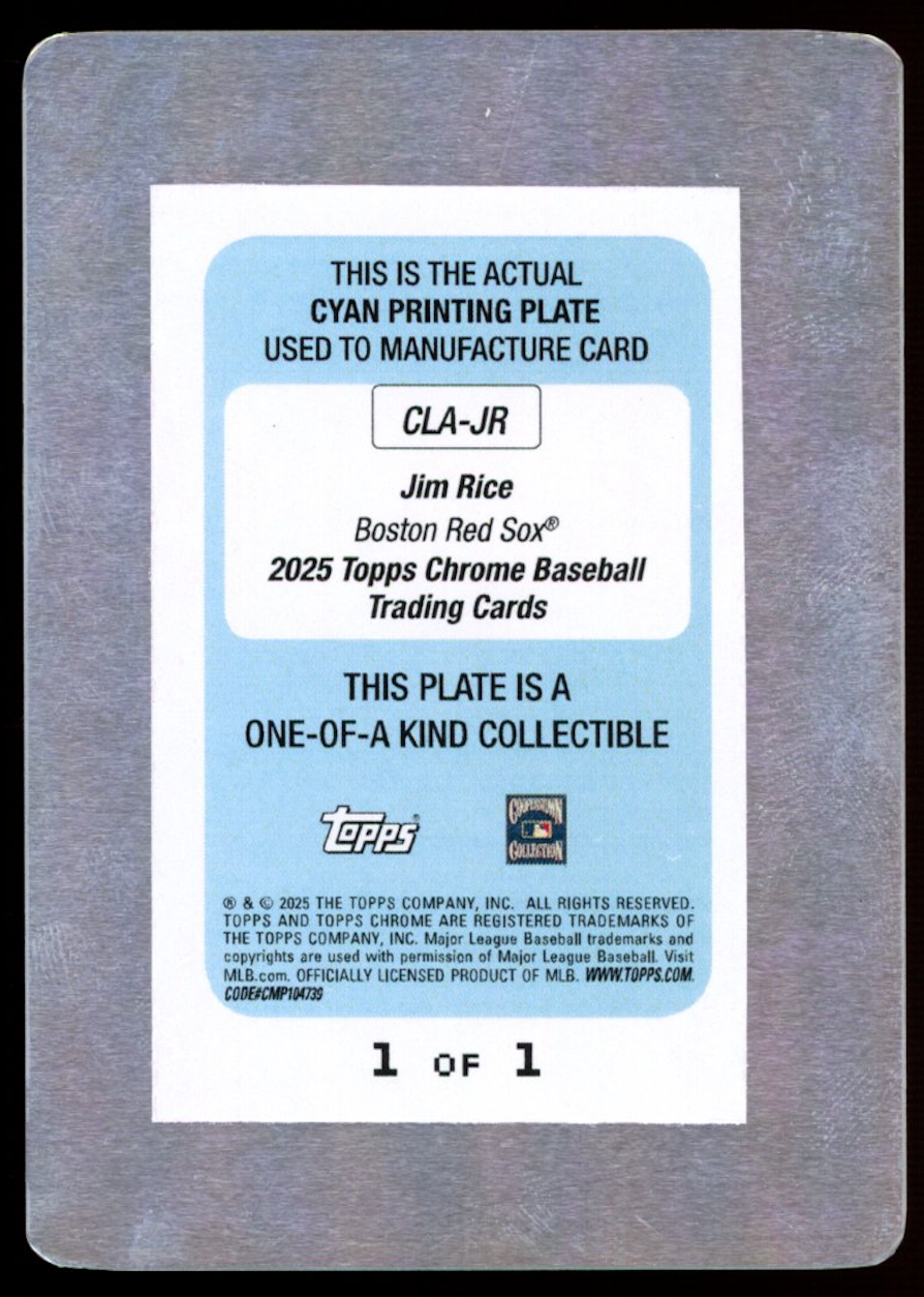 JIM RICE 2025 Topps Chrome Legends Auto Cyan Printing Plate 1/1 #CLA-JR Red Sox