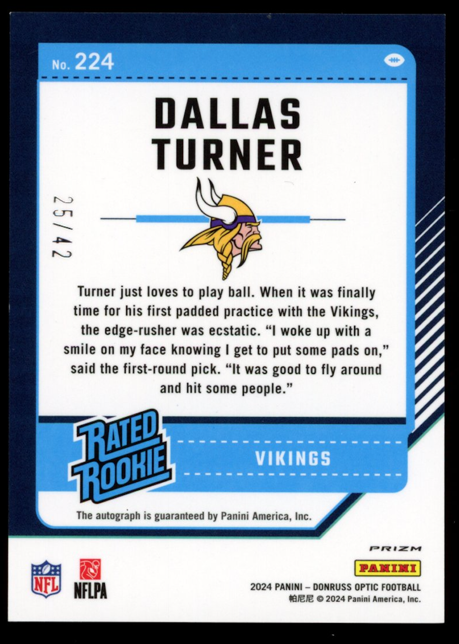 DALLAS TURNER 2024 Donruss Optic Rated Rookie Auto Purple Stars Prizm /42 #224