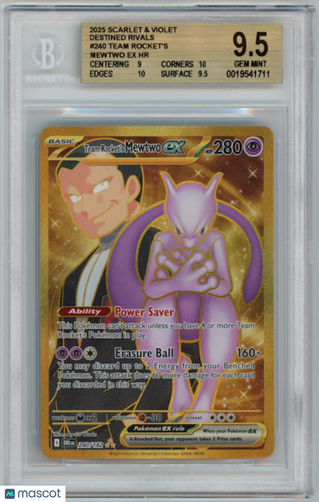 TEAM ROCKET'S MEWTWO EX 2025 Pokemon S&V Destined Rivals #240 Hyper Rare BGS 9.5