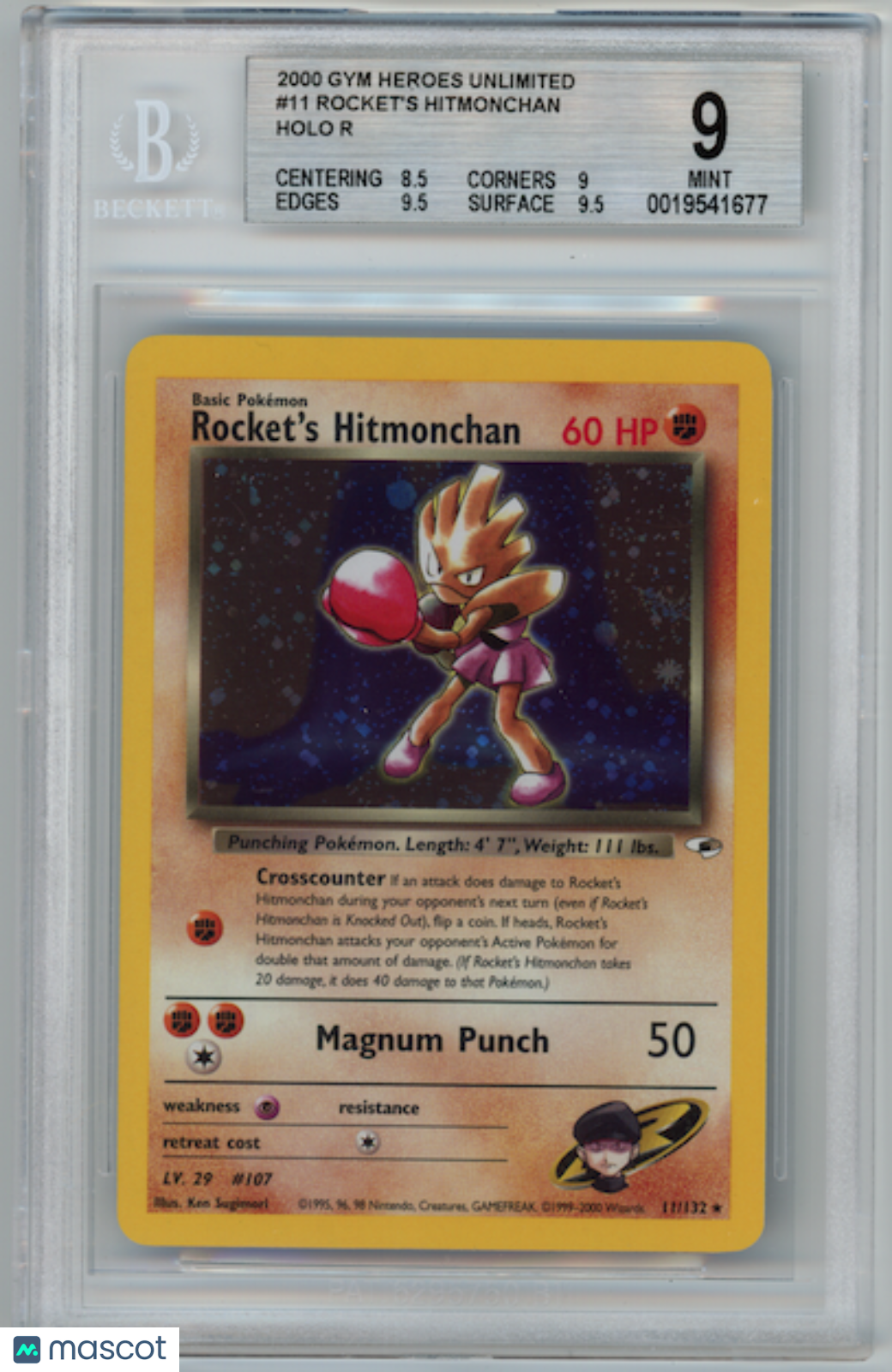 ROCKET'S HITMONCHAN 2000 Pokemon Gym Heroes #11/132 Holo BGS 9 SWIRL