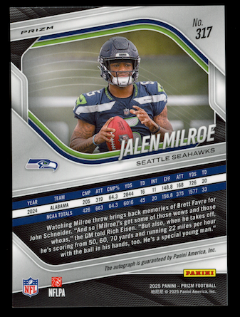 JALEN MILROE 2025 Panini Prizm No Huddle Rookie Auto Silver Disco #317 Seahawks