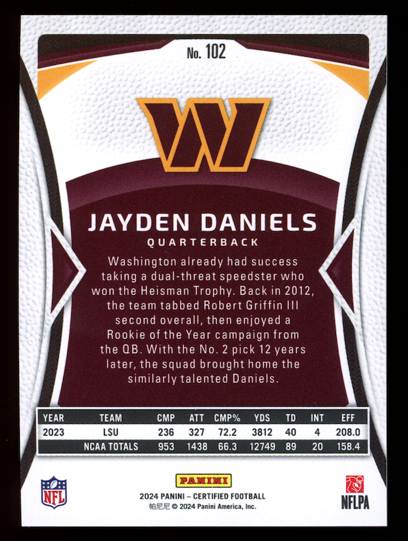 JAYDEN DANIELS 2024 Panini Certified Mirror Red Rookie /100 #102 Commanders