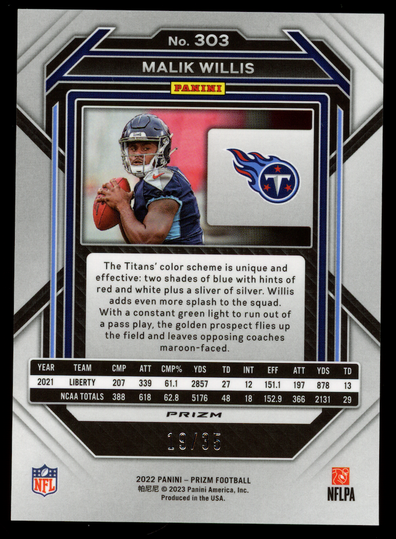 MALIK WILLIS 2023 Panini Prizm No Huddle Purple Disco Rookie /35 #303 Titans