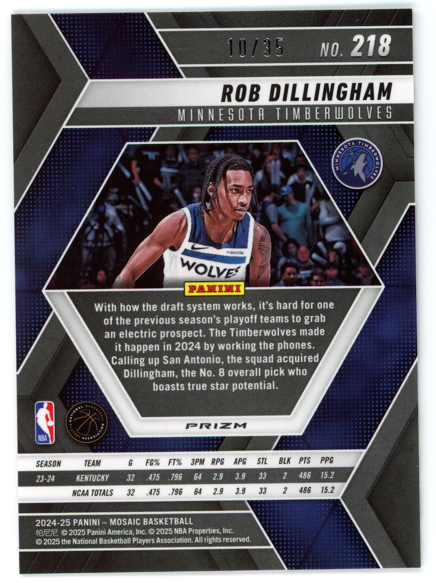 ROB DILLINGHAM 2024-25 Panini Mosaic Rookie White Prizm /35 #218 Timberwolves
