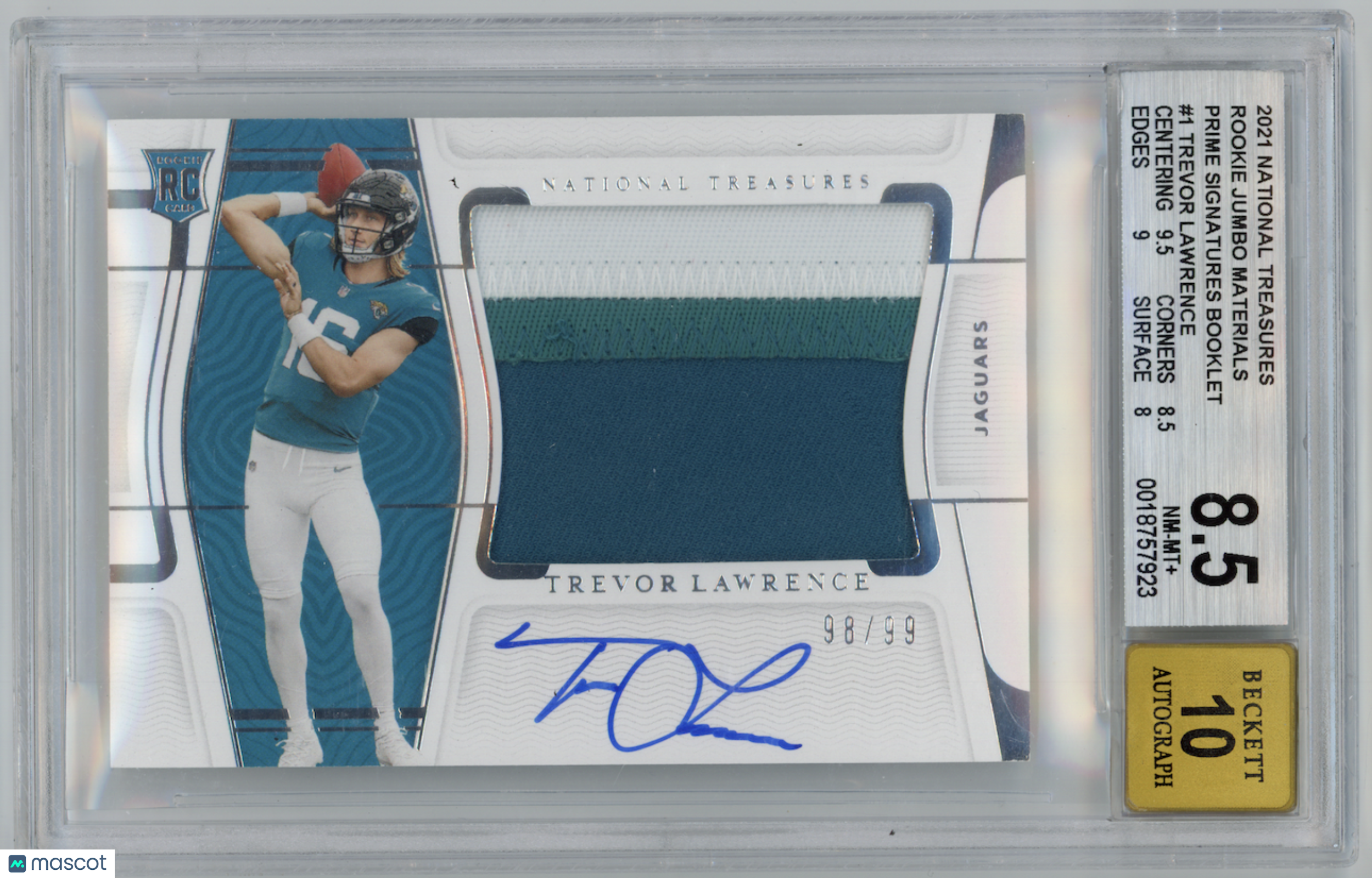 TREVOR LAWRENCE 2021 National Treasures Rookie Patch Auto /99 #RMS-TL BGS 8.5