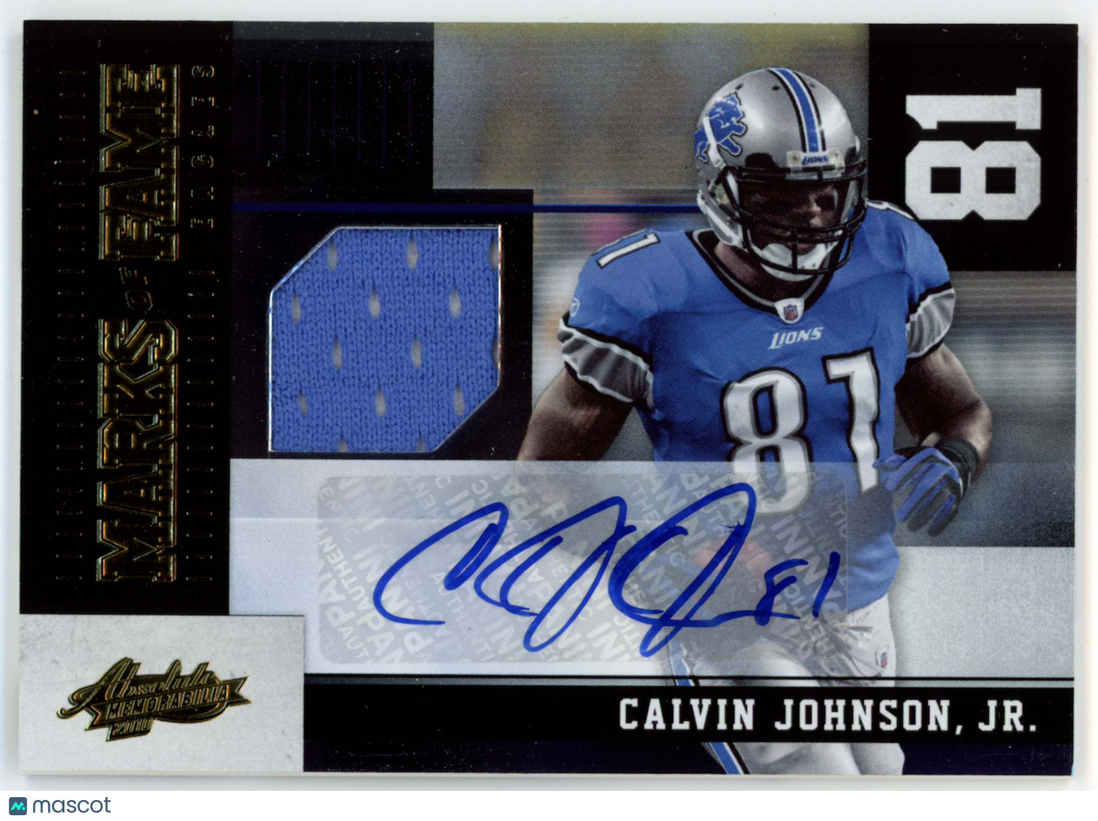 CALVIN JOHNSON 2010 Panini Absolute Marks of Fame Patch Auto /10 #5 Lions