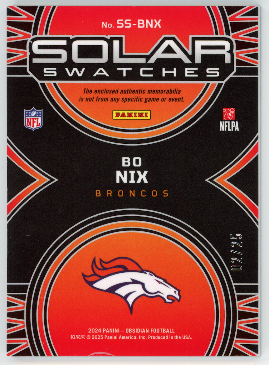BO NIX 2025 Panini Obsidian Solar Swatches Rookie Patch Blue /25 #SS-BNX Broncos