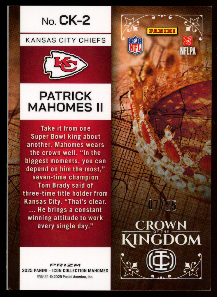 PATRICK MAHOMES II 2025 Panini Icon Crown of the Kingdom Black Pandora Prizm /25
