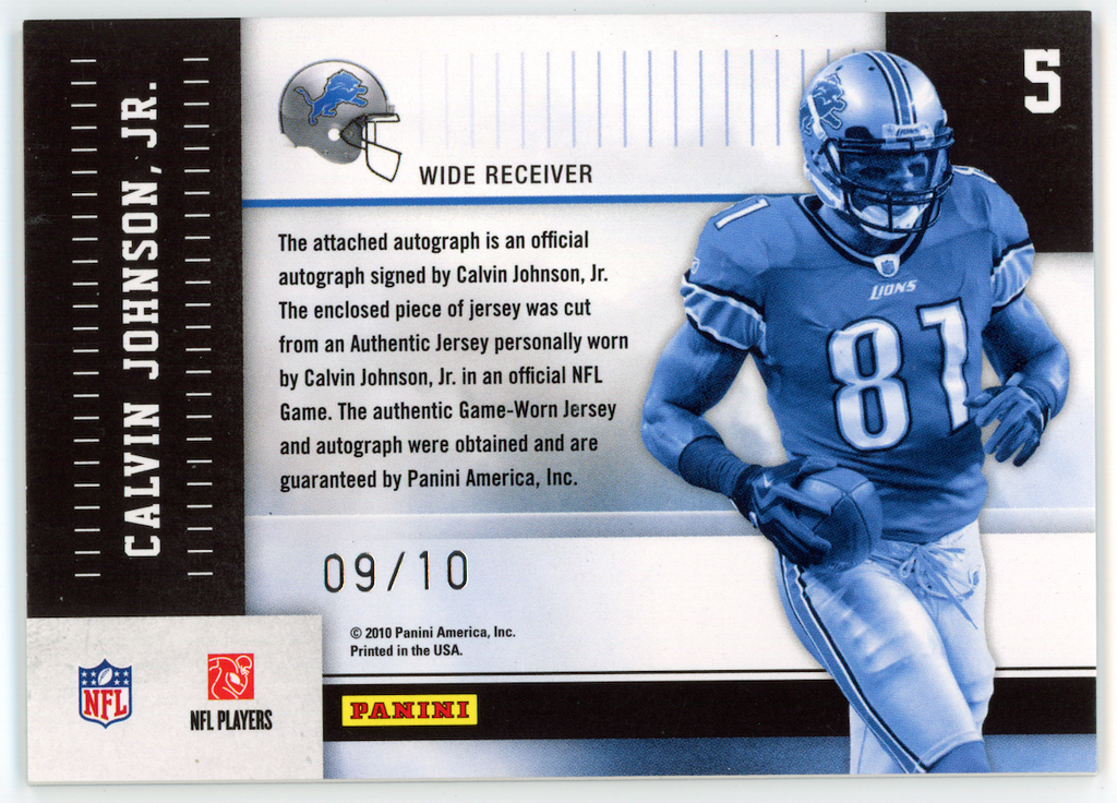 CALVIN JOHNSON 2010 Panini Absolute Marks of Fame Patch Auto /10 #5 Lions