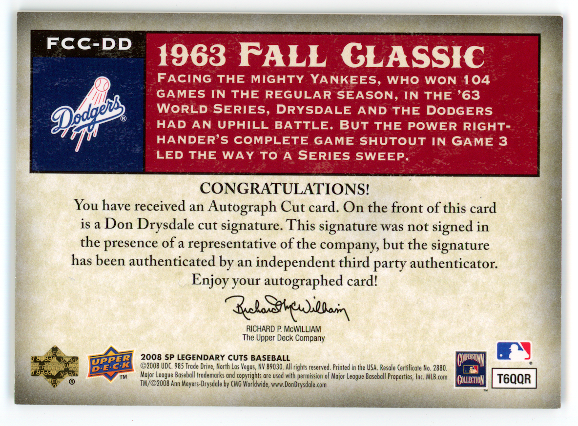 DON DRYSDALE 2008 Upper Deck SP Legendary Cuts Fall Classic Cut Auto /15 #FCC-DD
