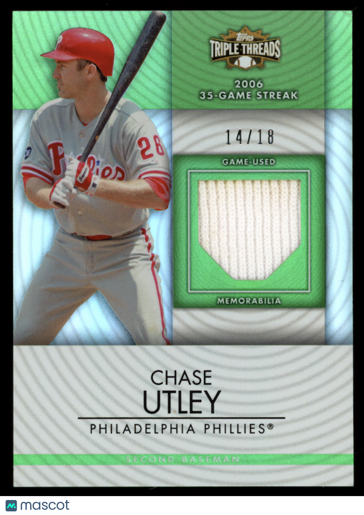 CHASE UTLEY 2012 Topps Triple Threads Emerald Game Used Patch /18 Phillies