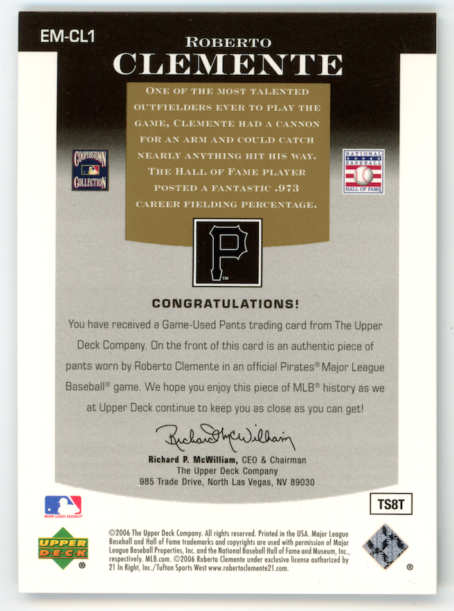 ROBERTO CLEMENTE 2006 Upper Deck Epic Materials Game Used Patch /25 #EM-CL1
