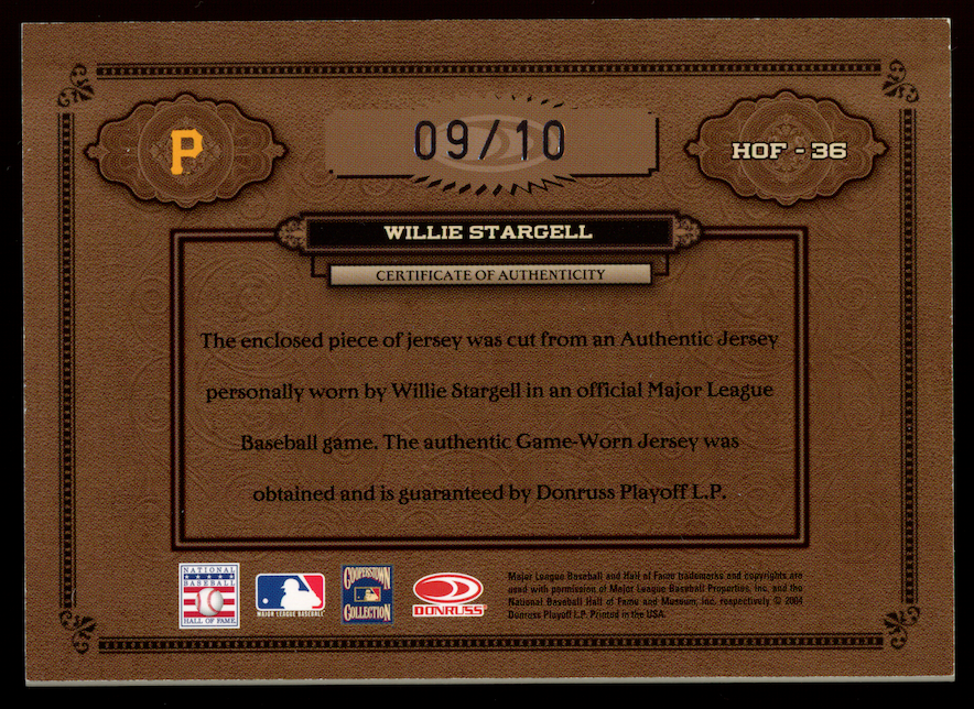 WILLIE STARGELL 2004 Donruss Timeless Treasures GU Patch /10 #HOF-36 Pirates
